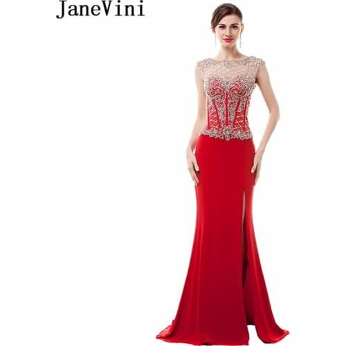 JaneVini Luxury Red Mermaid Prom Dress Sweep Train Sparkle Heavy Beading Side Split 2019 Dubai Latest Evening Dresses for Women