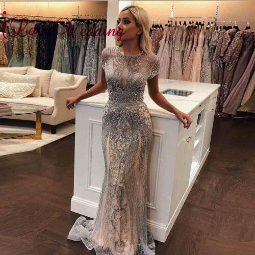 Luxury Mermaid Evening Dress Long Nude Lining Short Sleeves Evening Pageant Dresses O-neck Formal Gown robe de soiree