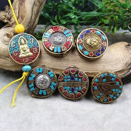 2pcs/lot Vintage Handmade Nepal Style Copper Charm Beads Buddhism Prayer Decoration Spacer Beads DIY Jewelry Findings For Gift