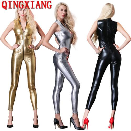 2018 Faux Leather Sexy Pole Dancing Costume Cosplay Women High Neck Bodysuit Front Zipper To Back Sleeveless Tight Jumpsuit