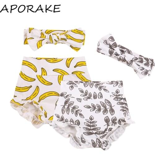 2021 0-24M Infant Summer Girls Shorts 2pcs Banana/Leaf Printing Elastic High-Waist Frilly Shorts+Bowknot Headband Cute 2pcs