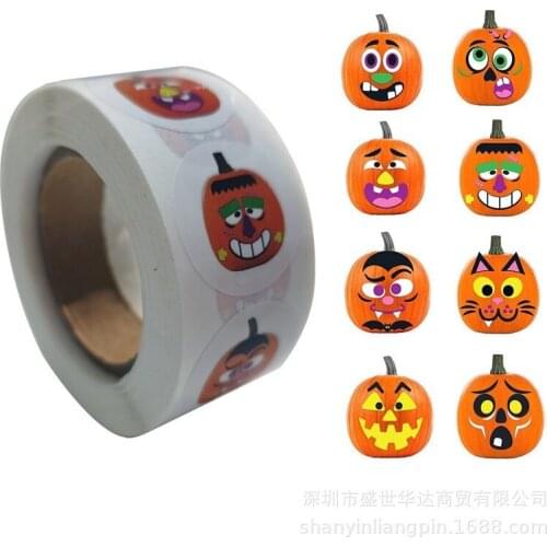 500pcs/roll Round Pumpkin Kawayi Ghost Bat Sticker Halloween Decorative Stationery Sticker Festival Candy Bag Custom Stickers