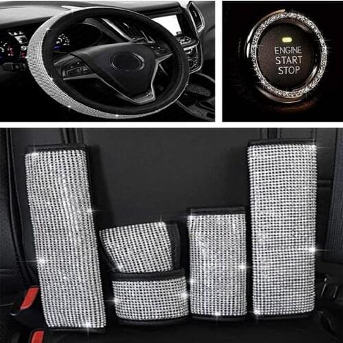 7 Pcs of White Rhinestone Car Interior Accessories Shoulder Guard Armrest Pad Handbrake Car Decoration Set Car Start Button Ring