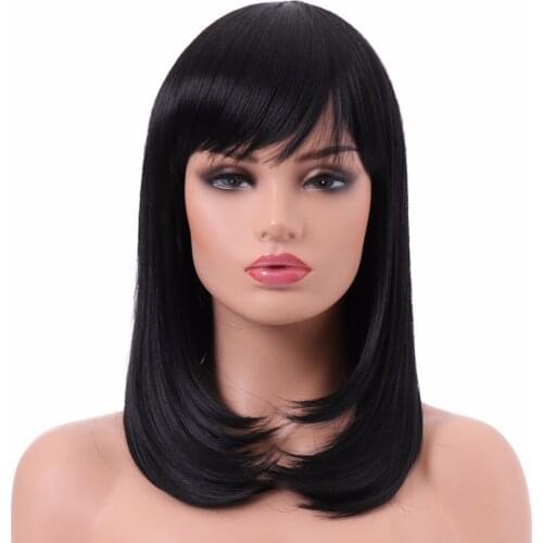 BESTUNG Black Layered Wigs with Bangs Short Hair Synthetic Full Head Heat Resistant Costume Wig for Women