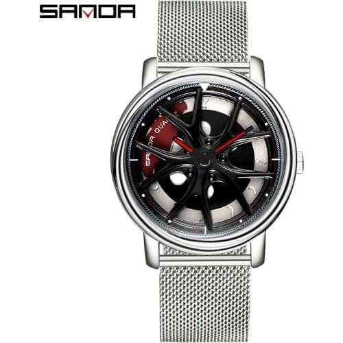 Creative Mens Watch 360 Degree Rotating Car Wheel Watch Mesh Strap Waterproof Quartz Wristwtatch relogio masculino SANDA Brand