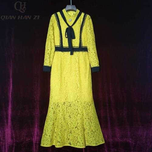 Qian Han Zi 2020 Spring/autumn Fashion Runway Mermaid dress Womens Long Sleeve Button Bow Ruffle Trim Slim Midi Dress