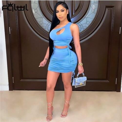 FQLWL Summer Streetwear Bandage Bodycon Blue 2 Two Piece Sets Women Skirt Hollow Out Sleeveless Crop Top Drawstring Mini Skirts