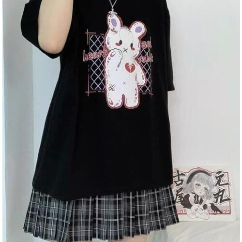 Streetwear Women T-shirt Harajuku Vintage Japanese Anime Print Summer Oversize Loose Top Punk Vintage Black Dropshipping Clothes
