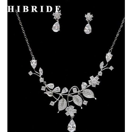 HIBRIDE Unique Design Brazil Style Leaf Shape CZ Pendant Necklace Earring Set Bridal Jewelry Sets Dress Accessories N-263