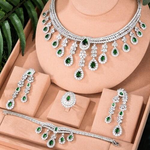 KellyBola High Quality Luxury Bridal Zircon Necklace Bracelet Earring Ring 4PCS Dubai African Female Noble Jewelry Accessories