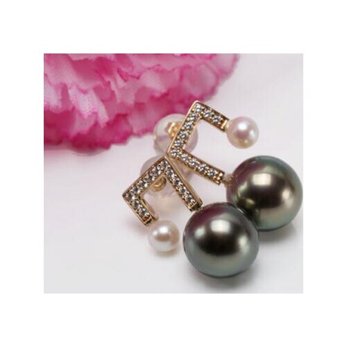 Noble jewelry gorgeous pair of 5-10mm Tahitian round black green pearl earring 14k