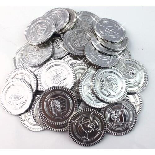 Cool 100pc plastic crossbone captain pirate treasure silver coins props toys for Halloween party cosplay kids favors prize fun