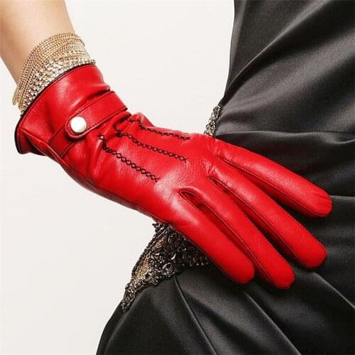 Genuine Leather Hot Sale 2018 Women Gloves Top Fashion Sheepskin Glove Hand Embroidery Female Lambskin Buckle Wrist EL034PR-5