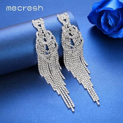 Mecresh Silver Color Rhinestone Long Tassel Hanging Earrings for Women Super Big Bridal Drop Earrings Wedding Jewelry MEH1000