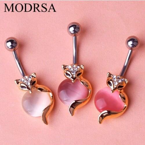 MODRSA 1Piece Pink Rhinestone Fox Dangle Navel Ring Stainless Steel Belly Button Rings Body Jewelry Piercing Nombril Ombligo