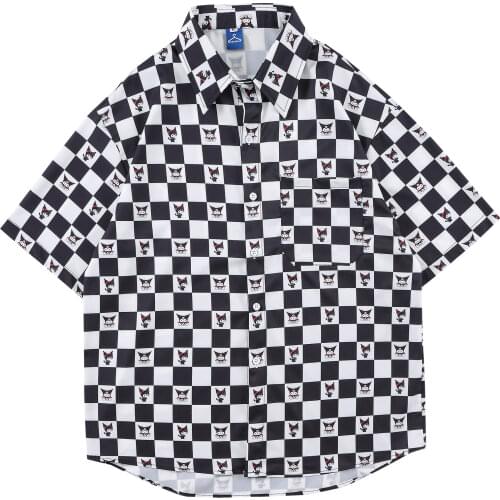 Check shirt mens short-sleeved loose large size casual printing button cardigan lapel daily top