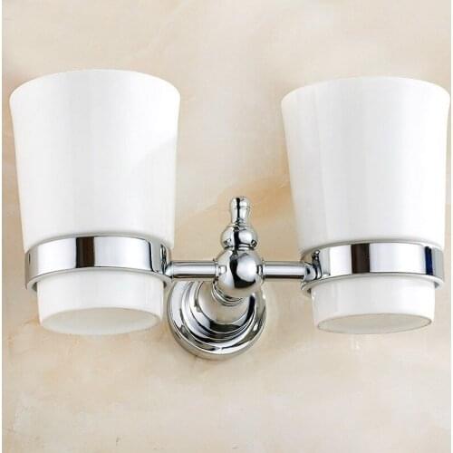 Cup & Tumbler Holders Wall Mounted Glass Cup Bathroom Accessories Chrome Double Tumbler Holders Toothbrush Cup Holder KD605
