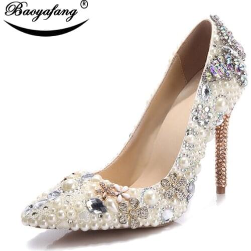 BaoYaFang 2019 New arrive Pointed Toe Beige Peal Beads Crystal Heels Party dress shoes High heels shoes Bride fashion shoe