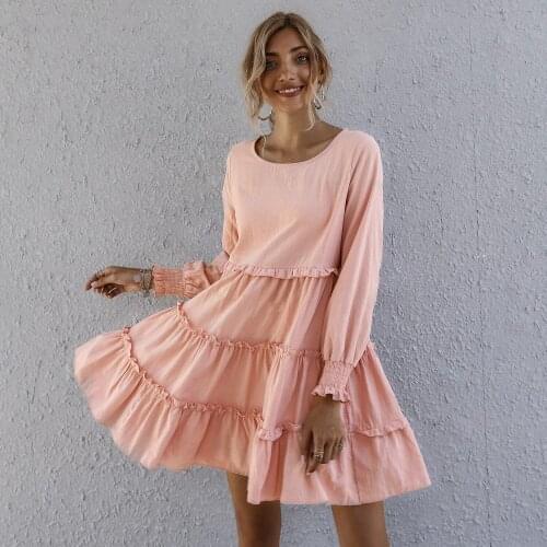 Dresses for women 2021 casual womens dresses Round neck solid color loose cake skirt Vintage clothing Kawaii korean fashion