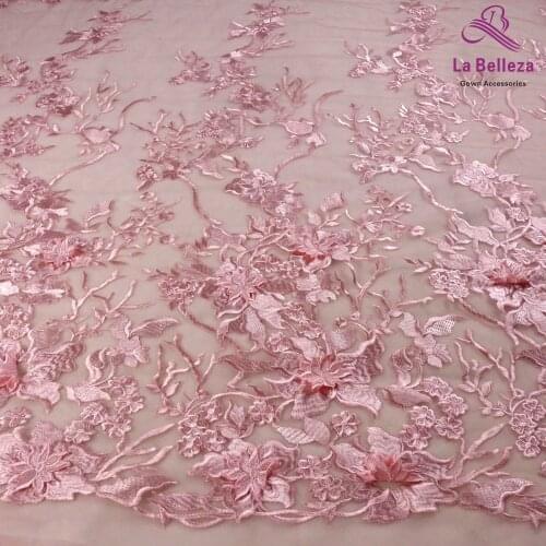 Hot popular red/off white/pink heavy polyester 3d flower on tulle lace fabric stage performance/evening dress lace fabric 1yard