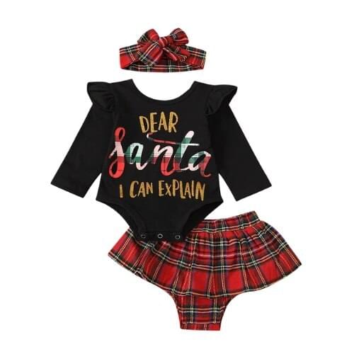 Newborn Infant Baby Girls Christmas Clothes Set Long Sleeve Navidad Letter Print Bodysuit + Plaid Skirts Shorts Winter Outfits