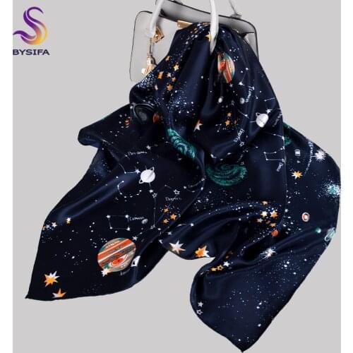 BYSIFA|Winter Ladies' Scarves Hijabs Elegant Navy Blue Square 100% Silk Neck Scarf Printed Constellation Design Scarves110*110cm