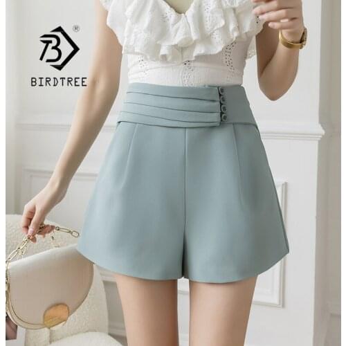 Summer Womens Korean A-line Office Solid Wide Leg Shorts High Waist All-match ELegant Basic Button Workwear Shorts Lady B18527X