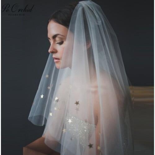 PEORCHID Ivory Gold Star Veil Bridal Accessoires Mariage Short Wedding Veil For Brides 2 Layer 2020 Voile De Mariee
