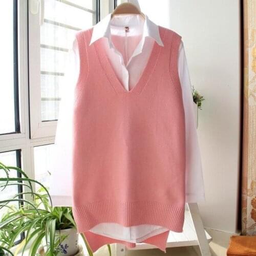 Knitting Sweater Vest Women Sleeveless V-neck Soild Autumn and Winter New Korean Loose Wild Casual Pink Knitted Womens Jumper