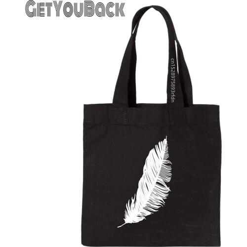 Feather Funny Black Shopping Bag Women Eco Large-Capacity Canvas Shoulder Bag,Drop Ship