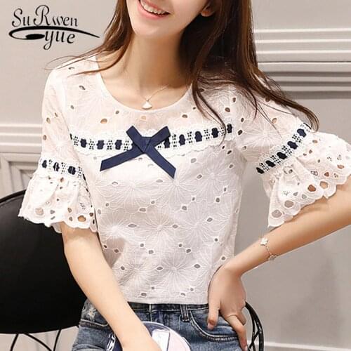 2021 new summer fashion women tops blouse shirt lace sweet style short sleeved blouse hollow casual white women clothing 0460 30
