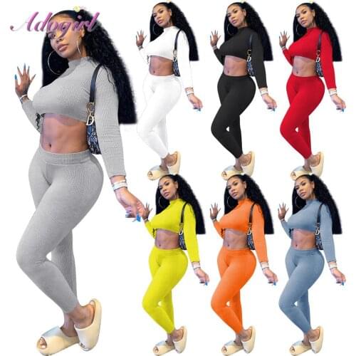 Women Active Two Piece Set Solid Rib Knit Long Sleeve Crop Tops T-Shirt Joggings Pants Suit Sport Outfit Tracksuit Matching Set