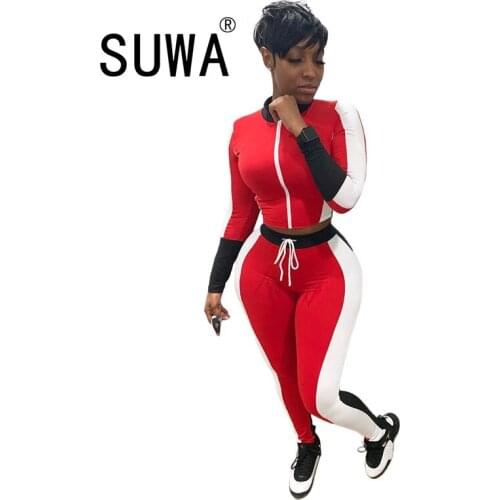 Classic Red White Striped Patchwork Tracksuit Women Two Piece Outfits Long Sleeve Tunic Top + High Waist Pants Sweatpants