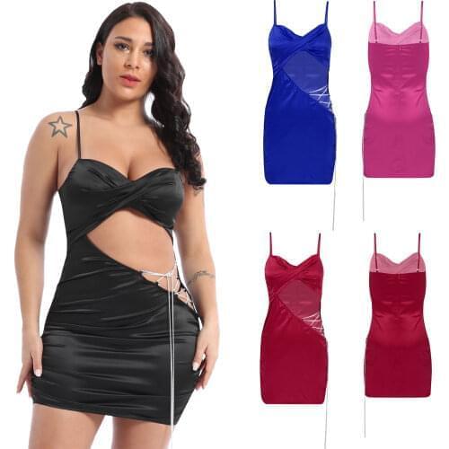 Satin Dress Women Elegant Sexy Hollow Out Metal Chain Lace-Up Pole Dance Clubwear Sleeveless Ruched Spaghetti Strap Mini Dresses