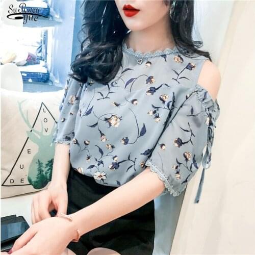 Blusas Fashion Women Blouse Summer 2021 Short Sleeve Korean top Off-Shoulder Top Print Chiffon Shirt office Lady Clothes 10035
