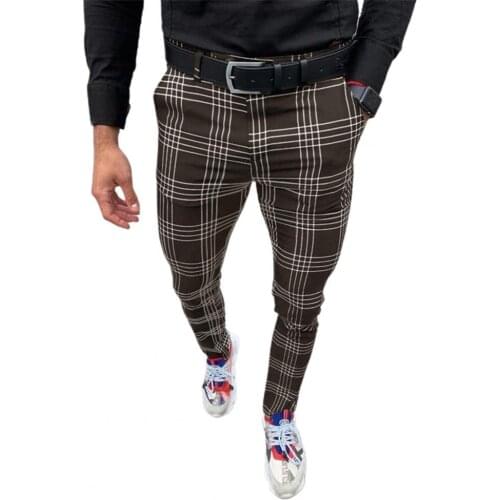 Summer Business Pants Plaid Button Fly Men Slim Mid Rise Trousers cotton blend Plaid printing Casual wedding Pants