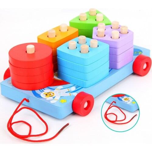 Wooden Set of Column Tractor Childrens Geometric Shape Building Blocks Matching Early Education Cognitive Educational Toys