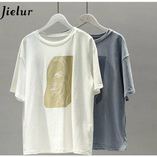 Jielur Chic Short-sleeved T-shirt Women Abstract Human Face Printing Loose White Tees 2021 Summer O-neck Woman Clothes BF Top