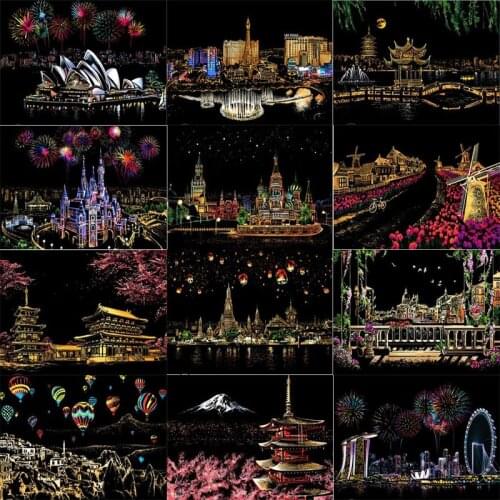 Nightscape Scratch Painting Scratch Painting Black Coated Art City Night Scene Draw Paper Gift Kids Learning