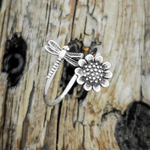 Fashion Simple Women Silver Color Sunflower Ring Dragonfly Adjustable Opening Rings for Female Girl Party Jewelry