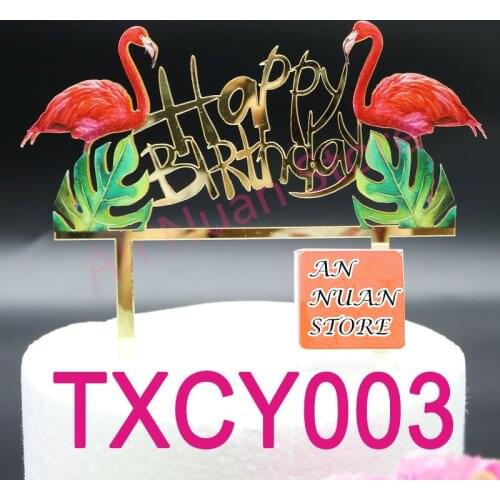 Colorful garden style happy birthday cake topper with flamingos Silhouette mirror gold birthday party decoration cake accessory
