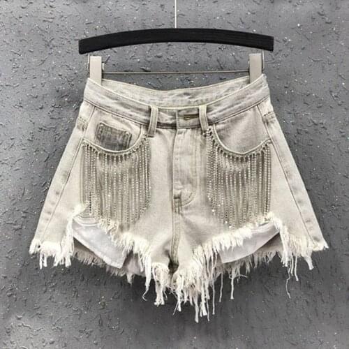 Summer Korean Fashion Women High Waist Wide Leg Irregular Tassel Denim Shorts , Woman Rhinestone Chain Hot Jeans Shorts