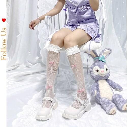 Fashionable cute lollipop lace pink purple bow decoration fishnet socks Japanese sweet tube socks