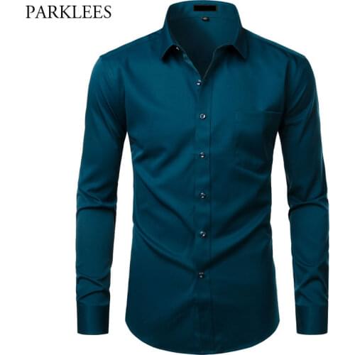 Solid Color Bamboo Fiber Mens Dress Shirt Formal Business Shirts for Men with Pocket Button Up Comfortable Soft Chemise Homme