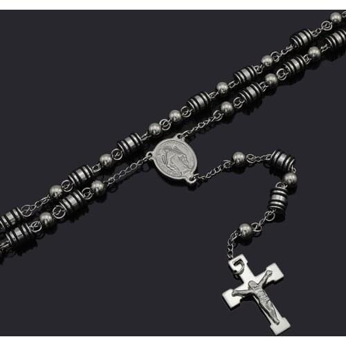Anniversary Mens Rosary Beads 7mmSaint JESUS Cross Necklace Catholic Fashion Religious jewelry Charm Stainless Steel Chain RN56