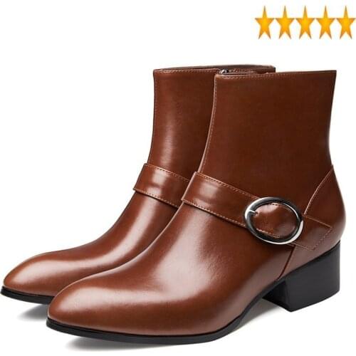 Men Pointed Toe Winter Zipper Genuine Leather Ankle Shoes Male Brand Fashion Black Brown Business High Heel Dress Boots