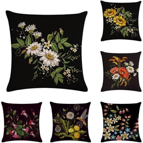 Flower Cushion Cover Decorate Black Throw Pillow Cover Cotton Linen Home Decor 45x45cm Pillowcase For Sofa