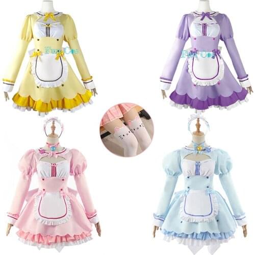 Nekopara Chocolate Vanilla Cosplay Costume Maid Lolita Dress Blue Pink Purple Yellow Skirt Dress Cat Claw Stockings Accessories