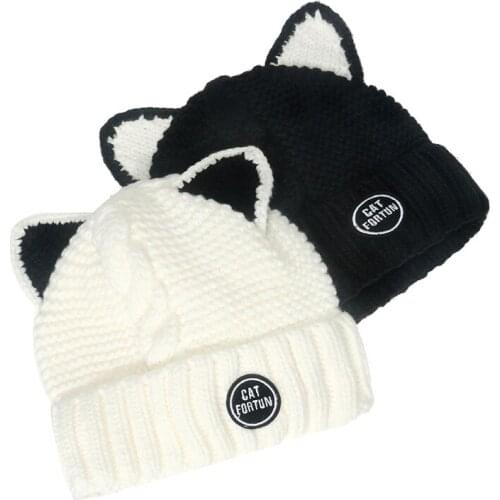 2021 Cat Ears Casual Beanies For Men Women Fashion Knitted Winter Hat Solid Color Street Beanie Hat Bonnet Unisex Cap