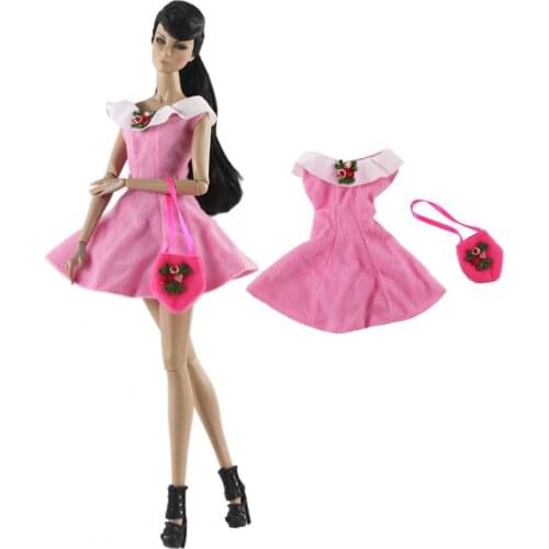 Pink Set Fashion Doll Clothes For Barbie Doll Clothes Party Dress & Handbag 1/6 Doll Accessories For Barbie Doll Outfits Toy